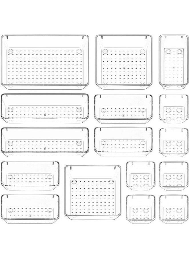 كيلا منظمات الأدراج المنزلية المثالية 16 قطعة من منظمات الأدراج مقسمة إلى أجزاء ( مجموعة صواني تخزين بلاستيكية شفافة، مقسمات أدراج الحمام، صواني الزينة، منظم لغرفة النوم، خزانة الملابس، أدوات المطبخ، المكتب ) - Image 1
